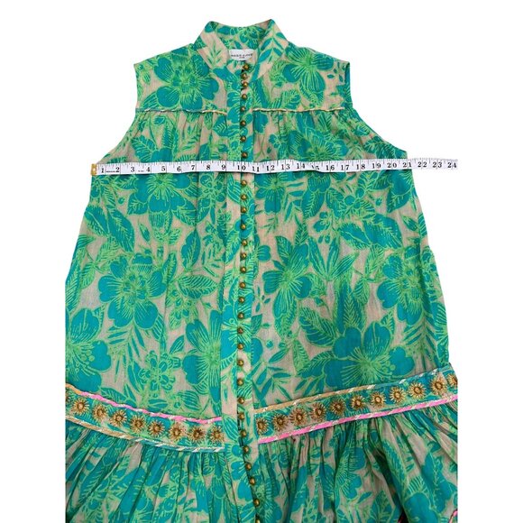 Miss June Floral Sleeveless Ruffle Dress Green Beige Gold-Button Womens One Size - Picture 6 of 7